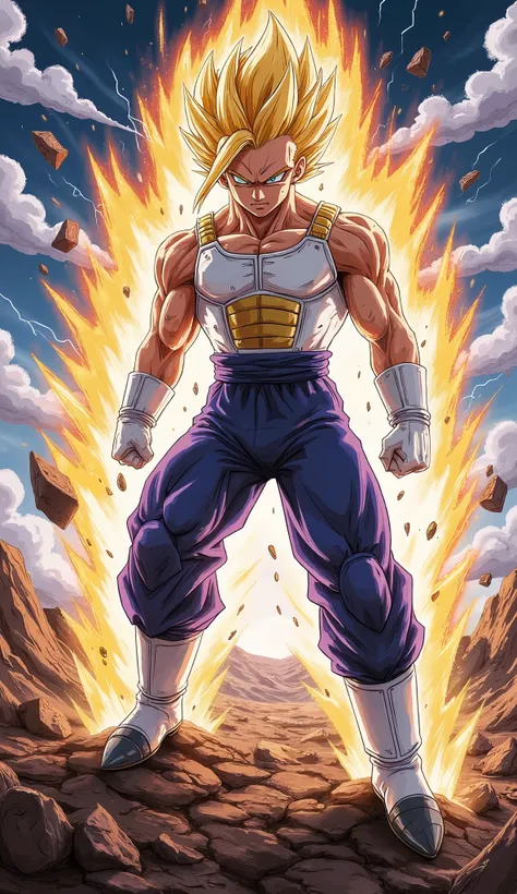 "Future Trunks, 18 years old and handsome, stands in mid-air. His body is covered by a blue battle suit. His sharp eyes are filled with anger. His spiky blonde hair is surrounded by a thick golden aura with fierce lightning bolts. Debris floats around, sho...