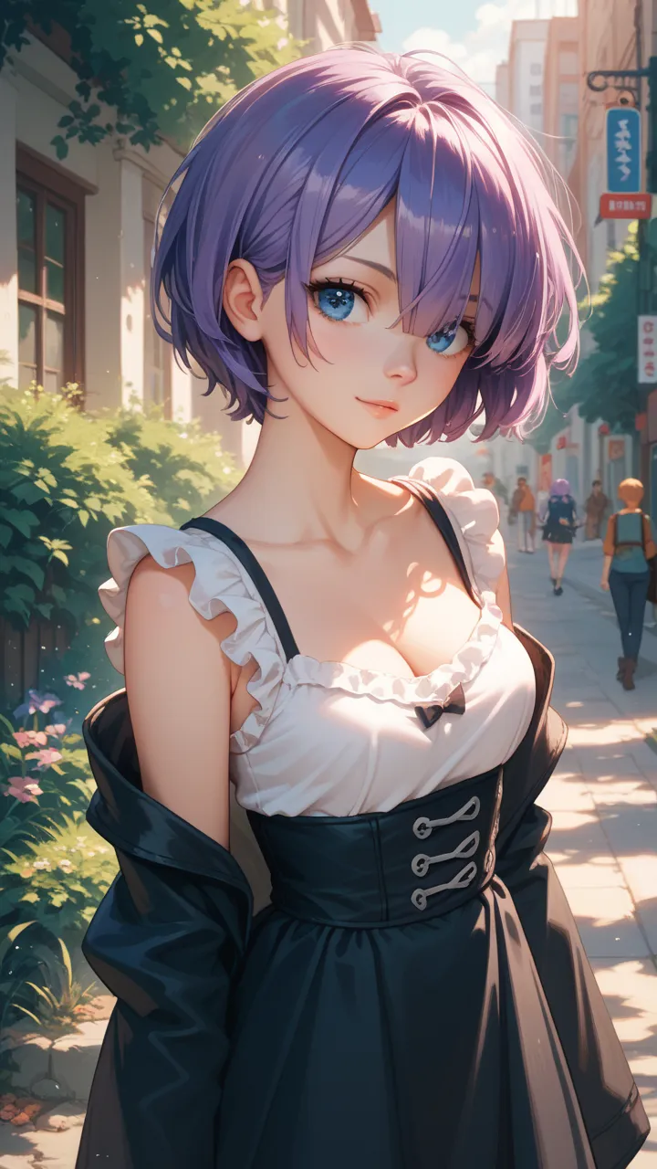 hidden hair, shortcuts, Purple Hair, smiles, anime風, anime, chest,
 in the woods　blue eyes,  REM style

