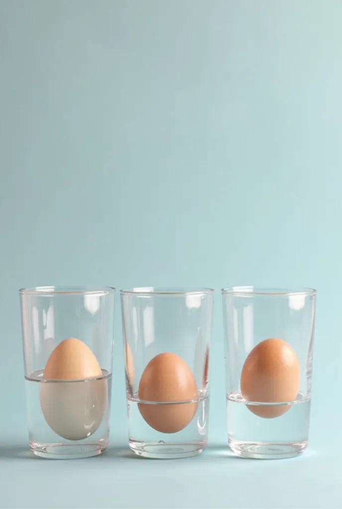 Make an image 3 eggs, 1 egg in per container, saline solution, balanced saline solution and sugar with water, real life image