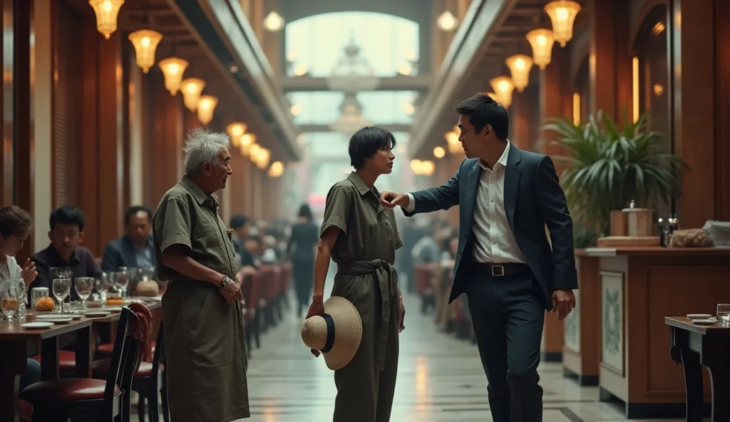 IMAGE OF AN 18-YEAR-OLD VIETNAMESE YOUNG MAN, LOOKS VERY YOUNG, WEARING A RESTAURANT UNIFORM, STANDING NEXT TO AN OLD BEGGAR WEARING A RIPPED, PATCHED CLOTHES, HAVING MESSY HAIR AND HOLDING A LARGE CLOTH BAG AND A HAT STANDING IN THE MIDDLE OF THE RESTAURA...