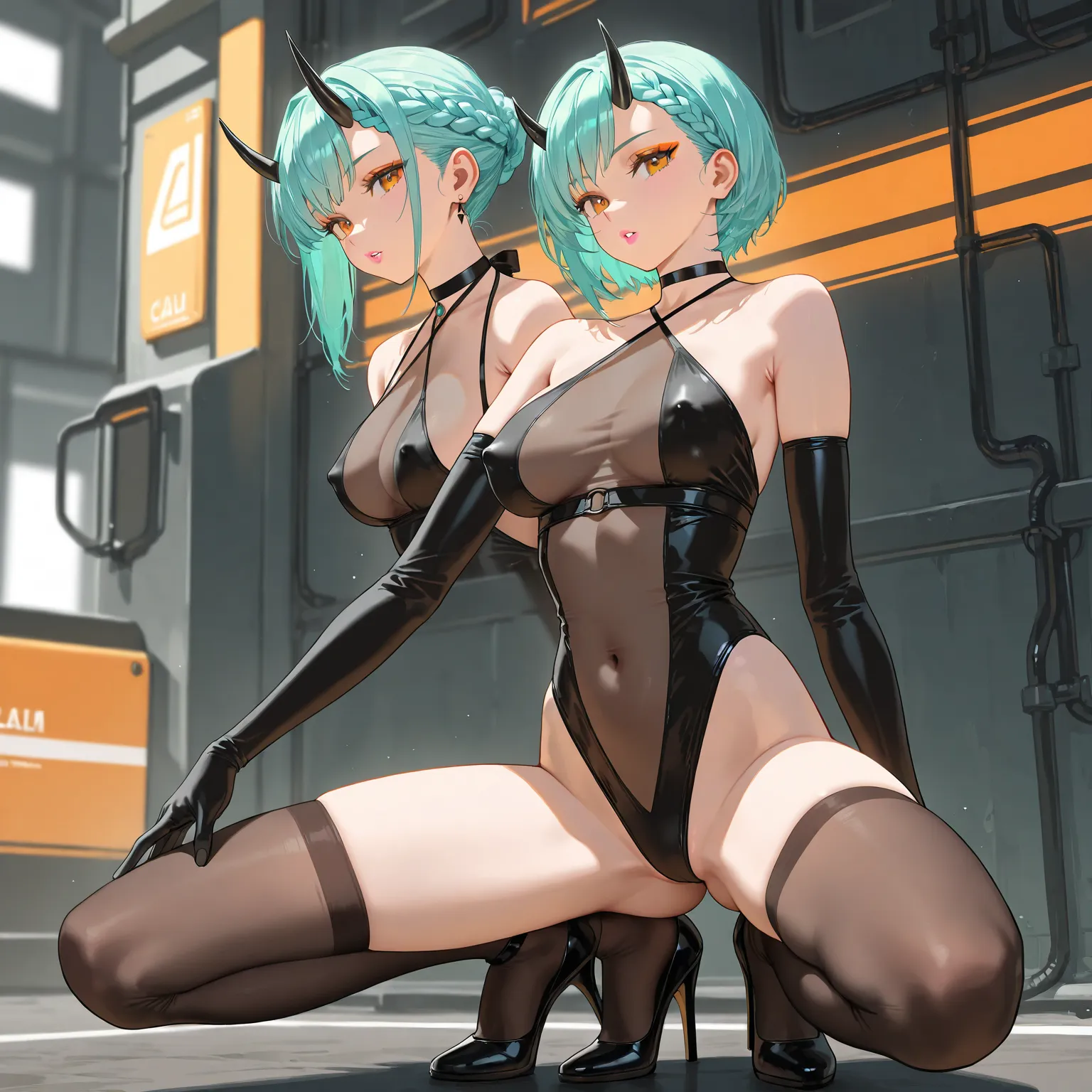 1girl, solo, (best quality), 8k, masterpiece, aqua hair, short hair, braided bangs hairstyle, calm, BREAK, orange_eyes, orange eyeshadow, pink lips, medium breasts, 1girl alternate_costume arm_behind_back armpit_crease ass_visible_through_thighs bare_shoul...