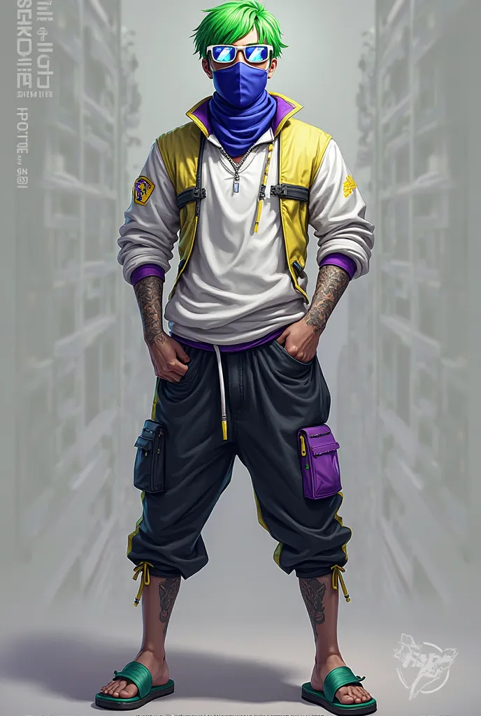 A male Free Fire character short green hair blue mask with white and blue and white glasses white shirt with yellow details on the ends calsa black with purple and yellow green slippers