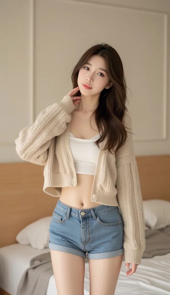 Korean woman in a casual style in a bright interior, (beige aviation jumper:1.3), (crop top white knit:1.2), ( blue shorts :1.4), (chest:1.5)moentize natural wavy hair, warm smile, soft lighting, stylish and modern background, (casual sensibility:1.5), ( W...