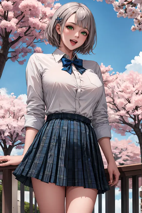 masterpiece, best quality, highres, ffnoel, short hair, x hair ornament, green eyes, blue bowtie, white shirt, collared shirt, black skirt, plaid skirt, pleated skirt, miniskirt, smile, outdoors, cherry blossoms, standing, cowboy shot, open mouth,