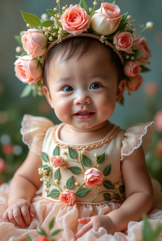 A realistic baby wearing a very flamboyant and beautiful flower dress 