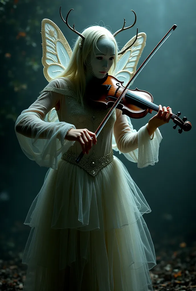 A picture of a scary man wearing fairy clothes playing violin while not showing his face