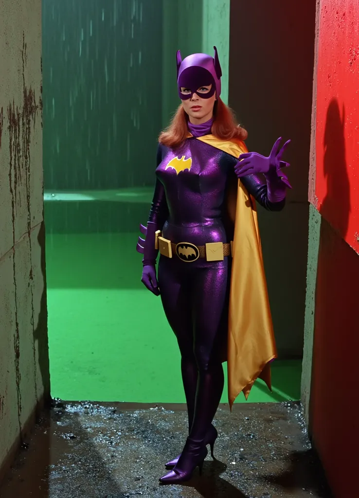 Masterpiece, Award Winning, High Quality, artgerm, solo, wearing retro Batgirl purple costume, full length purple catsuit, big breast, retro red hair, looking at viewer, makeup, yellow Batgirl cape, b4tg1rl woman, posing sexy, Yvonne Craig, sexy hungarian ...