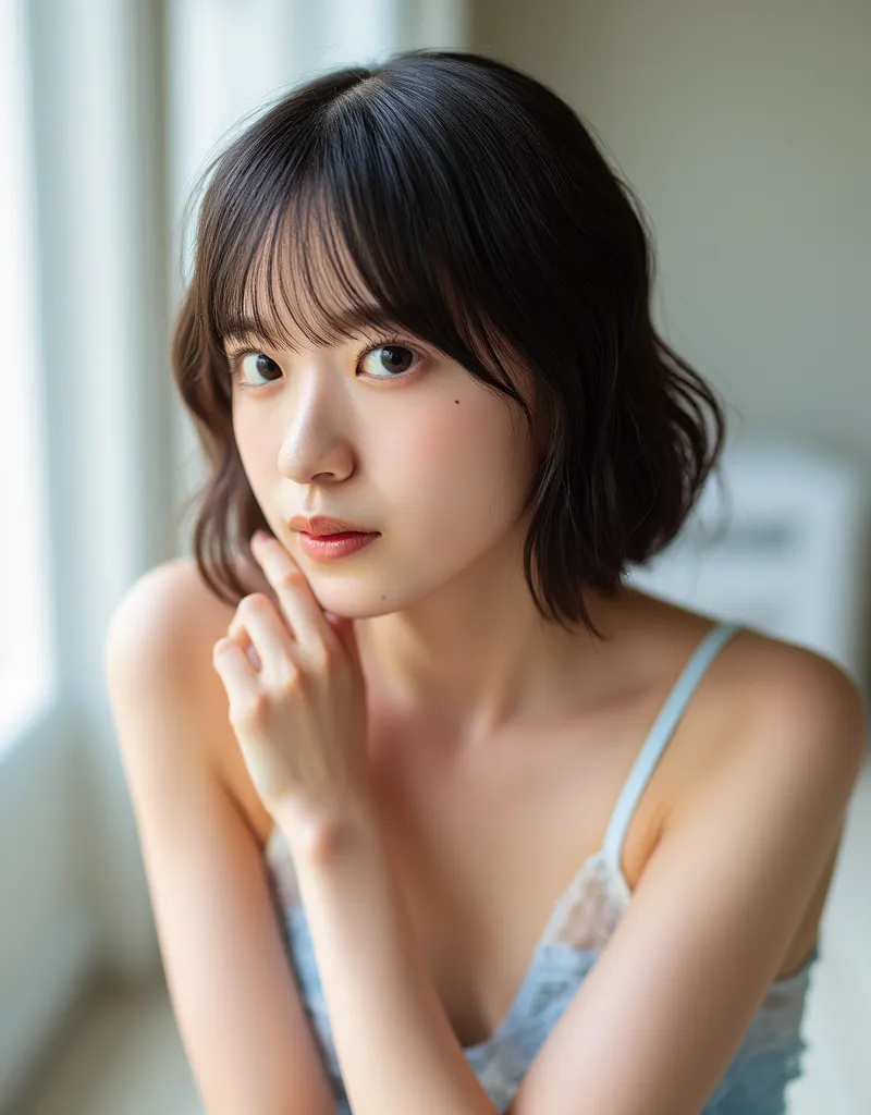 1 girl、(nsfw:1.5)、((blue translucent lace bra))、( staring at the camera)、  beautiful Japanese model、(( blush:1.4、 is embarrassing:1.5、 nervous:1.5))、((  small, flat chest :1.5))、It looks great 、(( face close-up ))、(  RAW photos 、top quality)、(reality、reali...