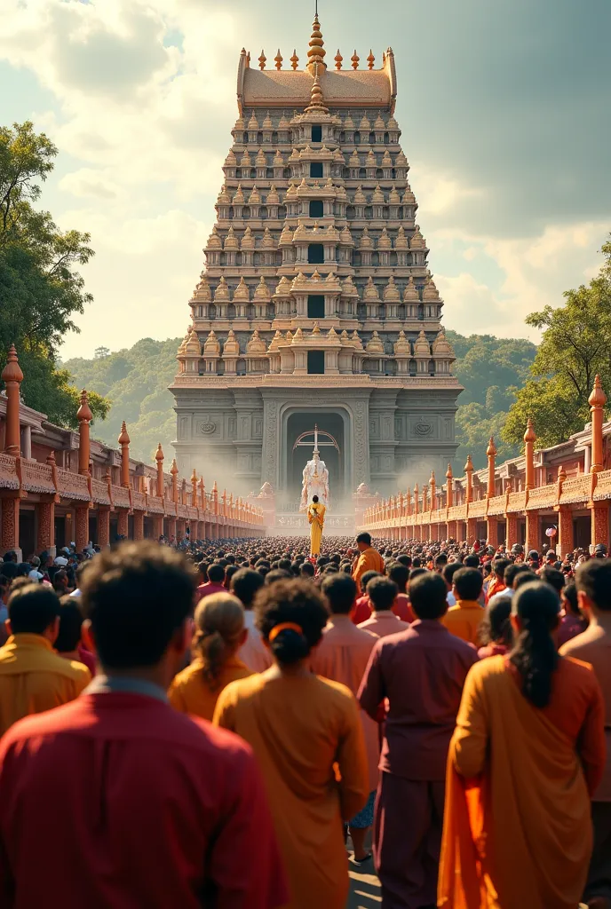 "Vel worship at Thiruchendur Temple, with a crowd of devotees, with a devotional feeling."