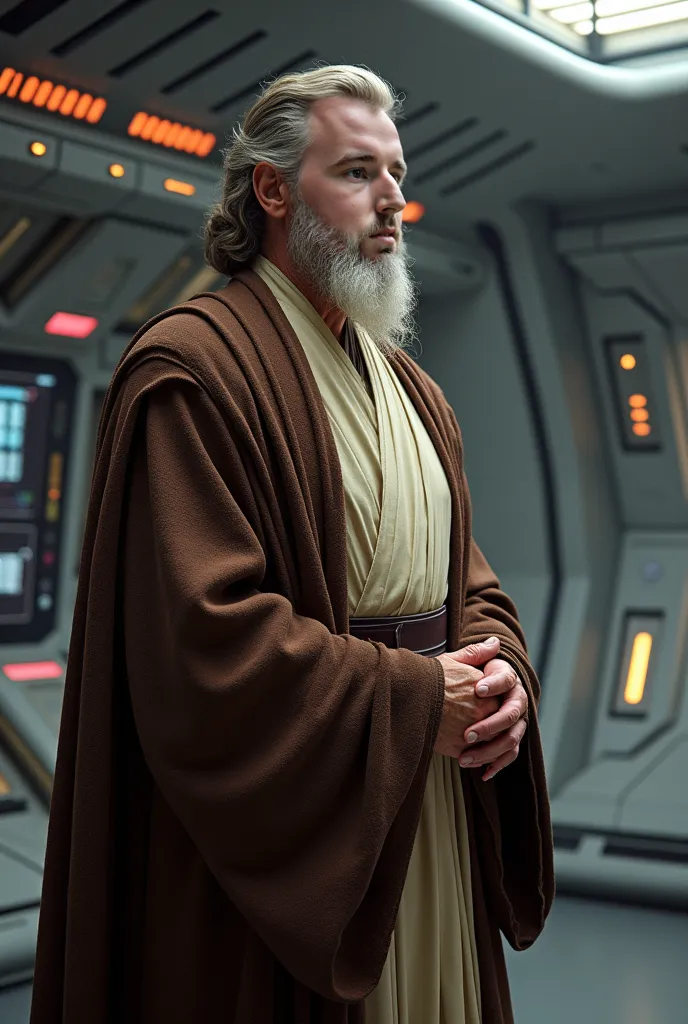 Obi-Wan Kenobi cosplay, inside spaceship , upper body shot,