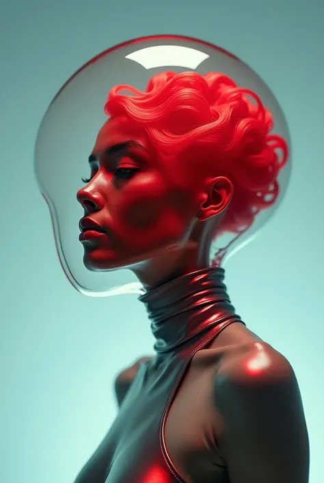 A contemplative Latin American woman with a transparent crystal head filled with swirling red liquid, in a surrealist photorealistic style. She wears a sleek, futuristic outfit with smooth metallic textures and minimalistic design. Her expression is calm a...