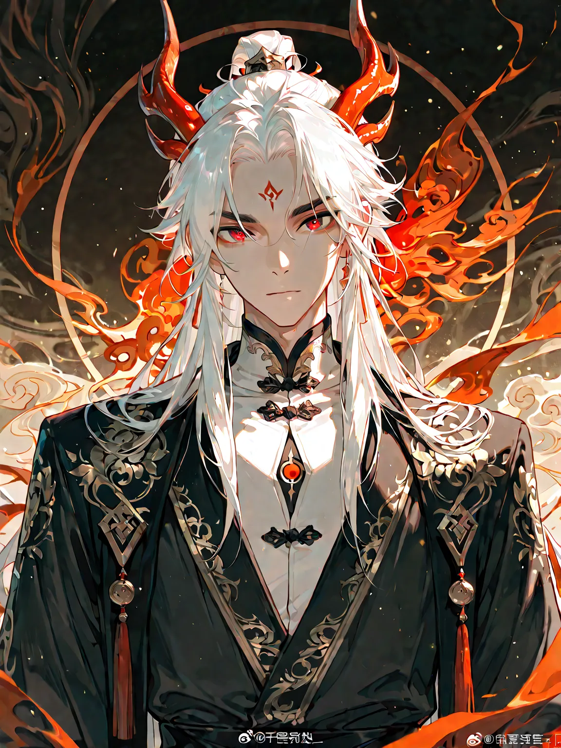 1man, solo, handsome, {{anatomically correct}}, masterpiece, best quality, detailed, high resolution, long white hair, red eyes, Yanluowang, looking at viewer