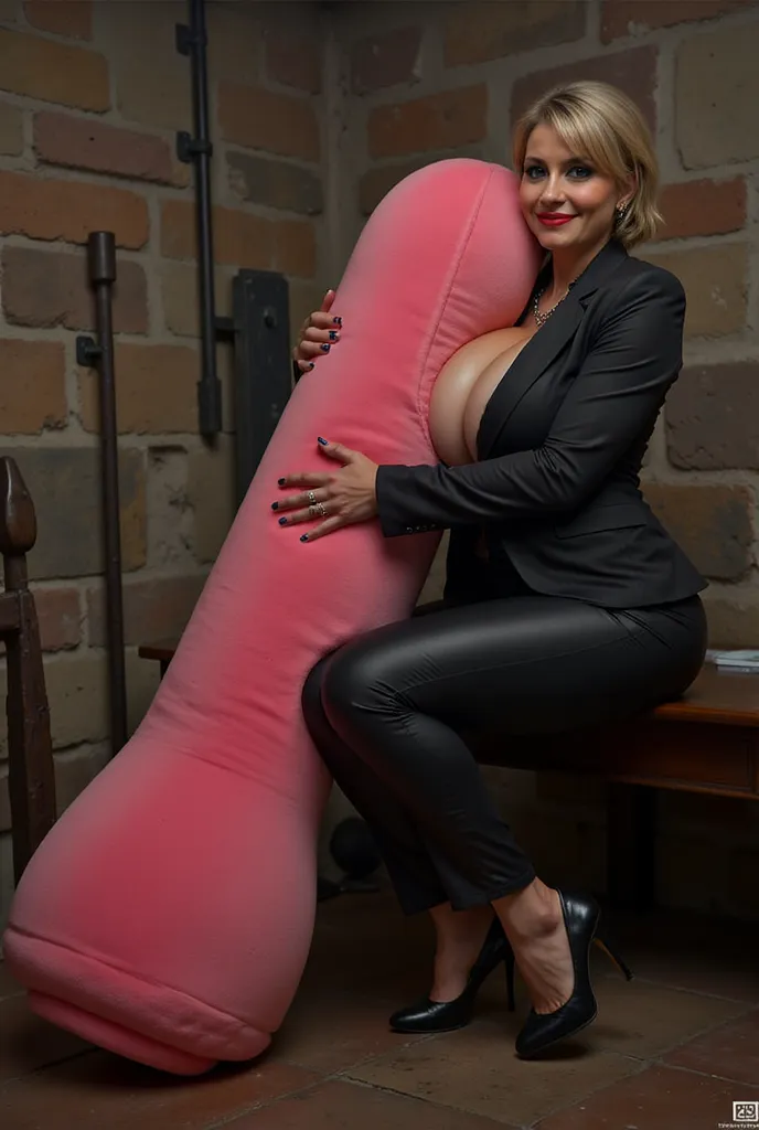 A mature woman, dressed in an tight elegant suit, heels, black leather, she hugs a stuffed  huge  pink penis dildo, in a medieval torture chamber