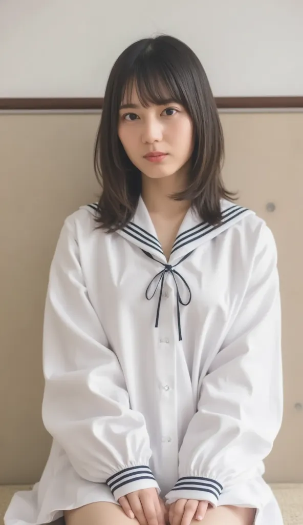 (table top、top quality、8k、Award-Winning Works、 Ultra High Resolution )、(Beautiful idol:1.1)、(Perfect white school-designated sailor suit:1.1)、( white luxury panties :1.1)、accurate anatomy、( The background in the classroom is strongly blurry:1.1)、 Very brig...