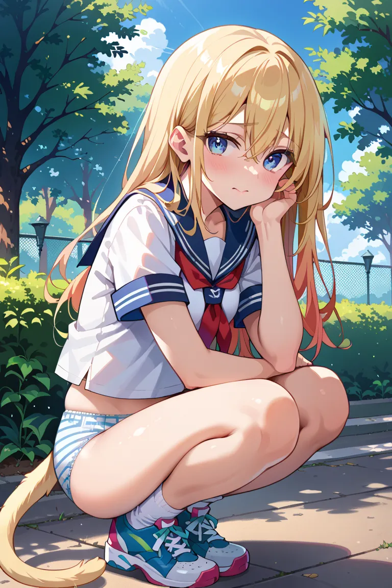 masterpiece, best quality, high quality, detailed, ultra detailed, park, female , nervous, flushed face, kneeling, looking at viewer, long hair, side tail, hair between eyes, blonde, blue eyes, fair skin, short, slim, squatting, sailor uniform,((white stri...