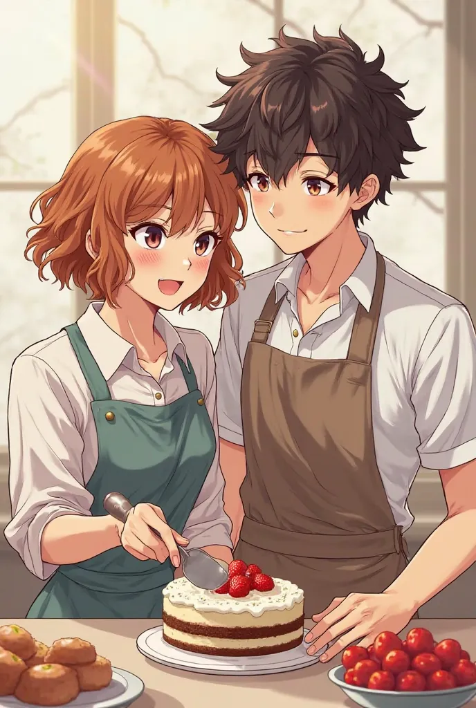 I want you to make me an anime drawing of a couple who are very much in love cooking a cake, girl with brown hair a little orange,  curly short hair , their hair is divided in two in half ,a little big black lenses, linda, almost white but somewhat dark br...