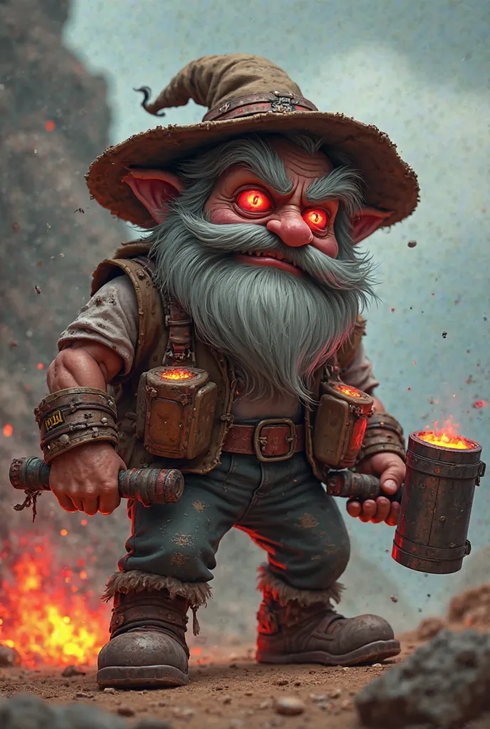 Create an animation of a character inspired by Dynamike, but with an evil and dark version. He is a small and sturdy old man, with gray hair and a thick, messy beard. His face is paler, with penetrating eyes and bright red eyes, than give a sense of intens...