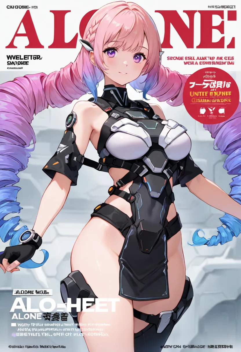 1 girl， alone， double drill_braid,Gradient hair ,, Chest， watch viewers，，大Chest，，science fiction，United，United，  magazine cover

