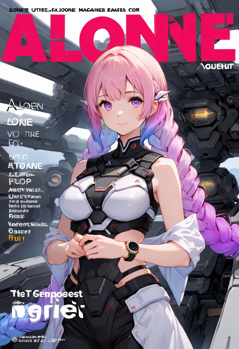 1 girl， alone， double drill_braid,Gradient hair ,, Chest， watch viewers，，大Chest，，science fiction，United，United，  magazine cover

