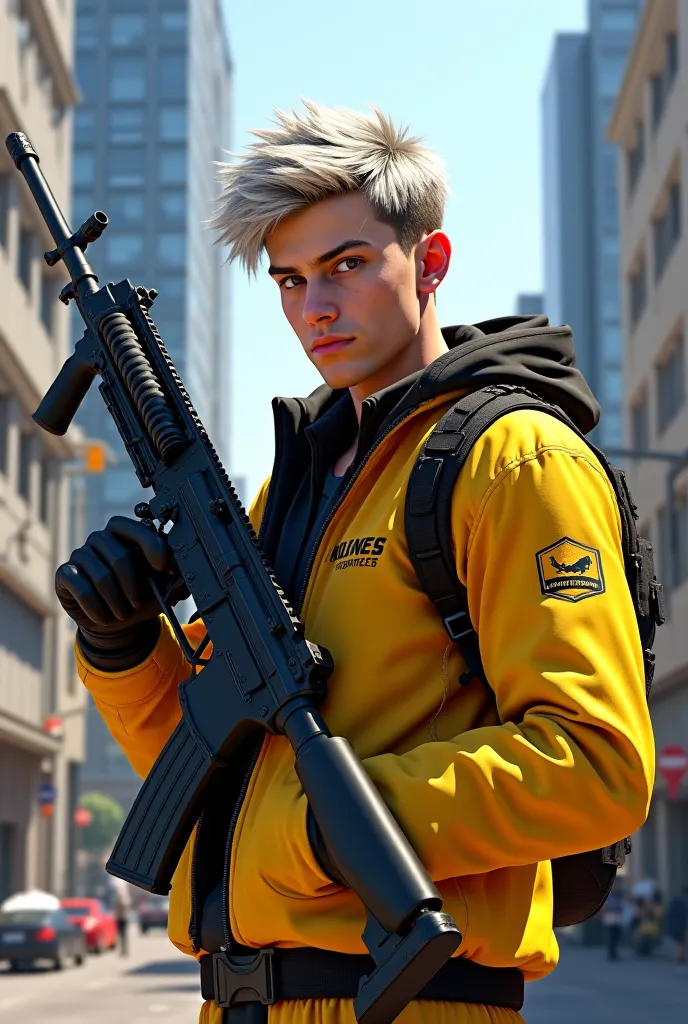 Create a male GTA character, Young, light gray hair with a G36C in hand, wearing a yellow and black Wolves, With central bank scenario from GTA in the background