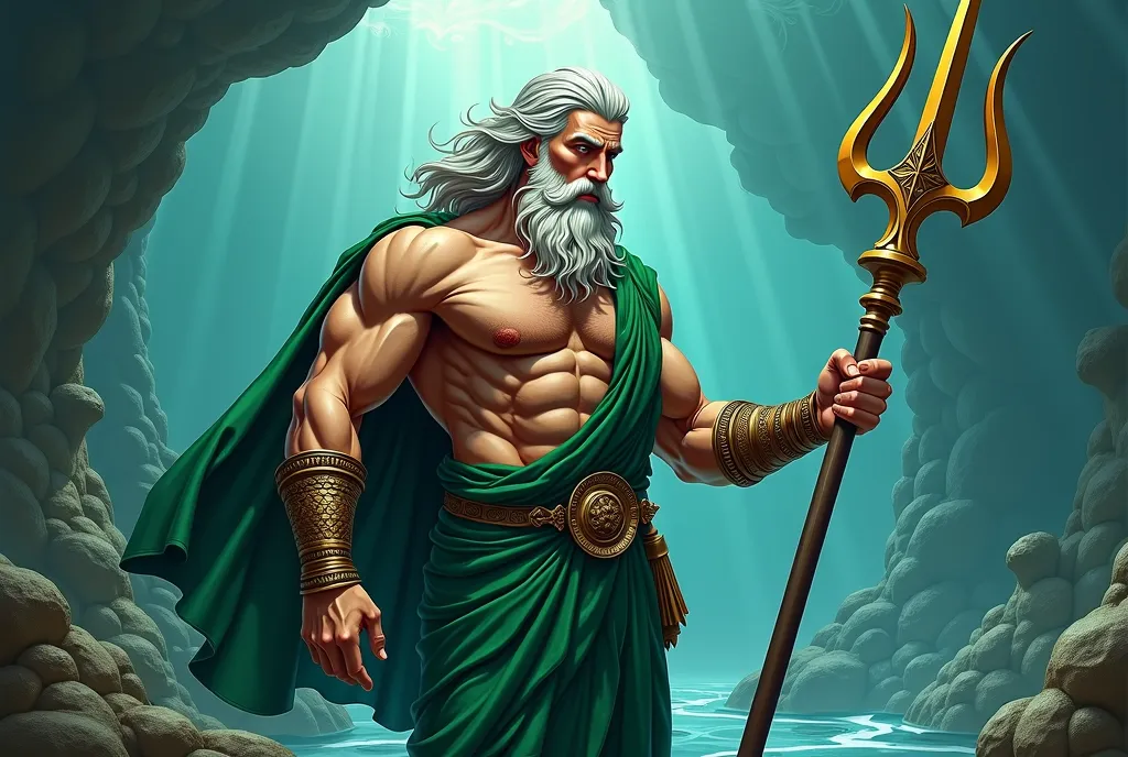 ( masterpiece) Reference sketch of a Greek God,  God Poseidon Lord of the Seas, Holding a three-pointed trident, Your physical appearance is often described as that of a strong person,  muscular build , 30 YEARS, Silver-haired, with beard, pectorals gauntl...