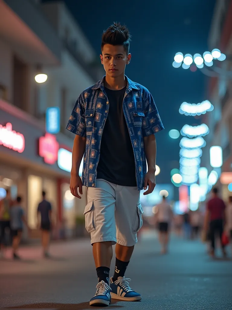 Photo realistic seorang laki laki tampan  berambut spiky mohawk berwajah asia yang berkulit sawo matang, wearing a black t-shirt layered over a blue box motif casual shirt , wearing white short cargo pants and blue sneakers, walking at night, on the street...