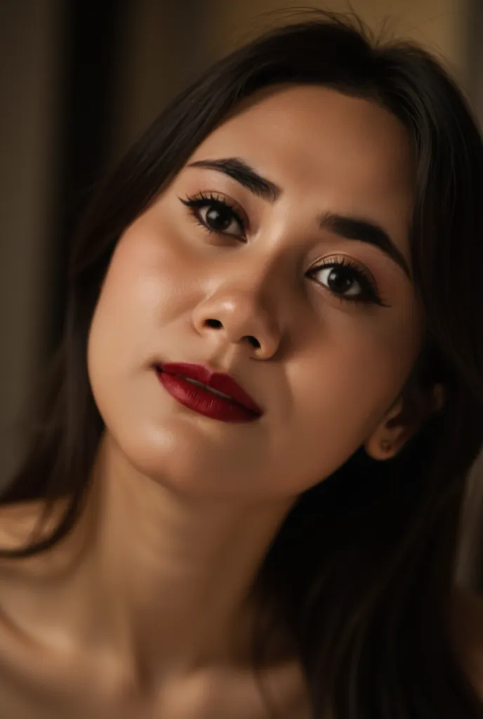 Close-up shot of the face of indonesian woman, a face looking up