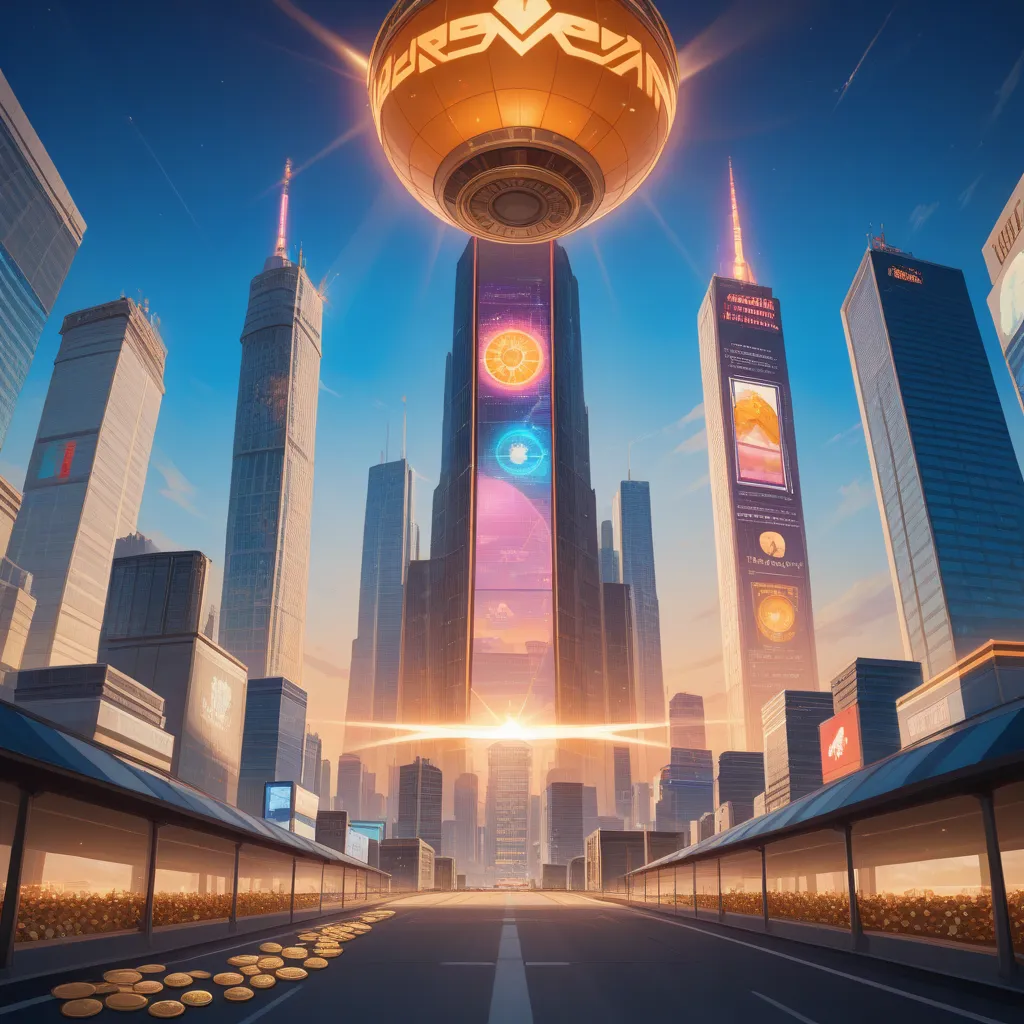 A vibrant and futuristic cityscape at sunset, with a massive, radiant Bitcoin symbol glowing warmly in the sky like a friendly digital sun. The Bitcoin symbol is beautifully embedded with softly glowing circuit board patterns, representing the fusion of te...