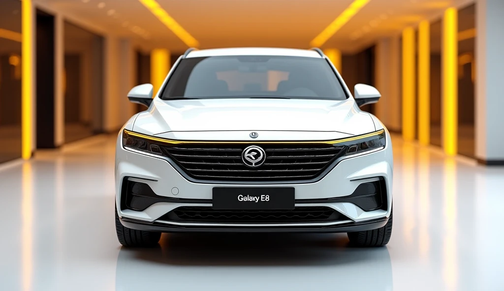 create an ultra-detailed 3D render straight (front side), of a Classic (2025Geely Galaxy E8 )with a bold design captured from straight (front side ). The car should feature a 'Gleamy white color with a '(Geely )logo on its (front), a large white detailed g...