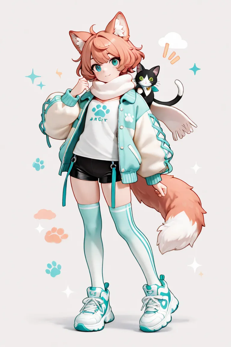 full body , boy, male character, fully clothed , An illustration , (masterpiece、最high quality、high quality) , pure white background , Character design , Floppy dog ears with soft fur texture , fluffy tail , A light , pastel-colored bomber jacket with subtl...