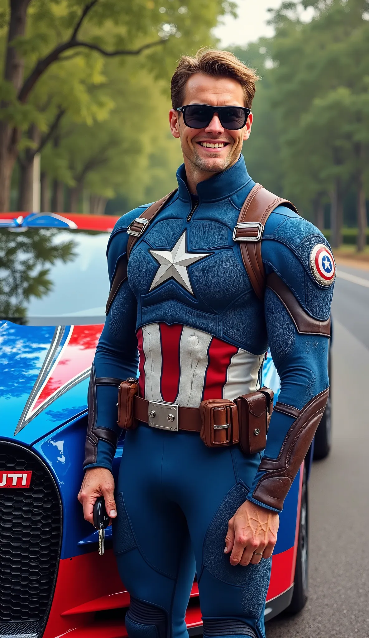 "In a vivid painting, Captain America smiles confidently next to a luxurious sports car, a Bugatti with vibrant and dynamic colors. The car, painted in a deep blue with red and white accents, displays a sophisticated and aerodynamic design. The shine of th...