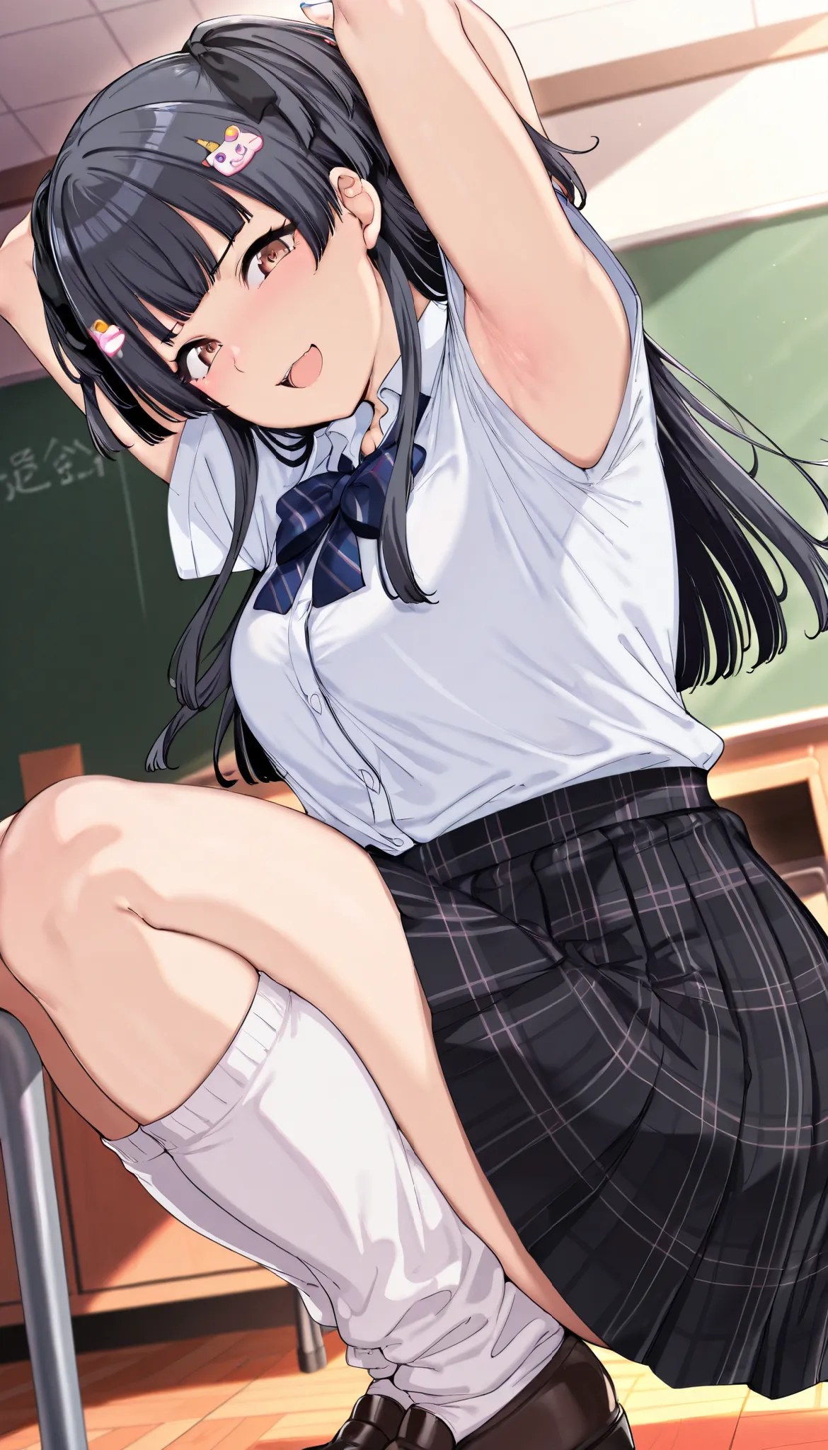 
mayuzumi_fuyuko, (brown eyes),1girl, solo, skirt, black hair, long hair, bangs,  two side up, blunt bangs, black ribbon,,gyaru, shirt, plaid, bow, blush, white shirt, hair ornament, nail polish, plaid skirt, bowtie, pleated skirt, clevage, white sock, loo...