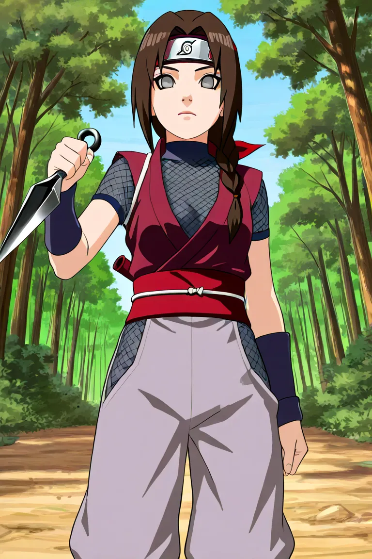 Image is an anime naruto style illustration featuring a beautiful lady ninja from Konoha, with fair skin and large, expressive gray eyes. She has long brown hair, styled with a red headband and a braid over one shoulder, and wears a traditional Konoha fore...