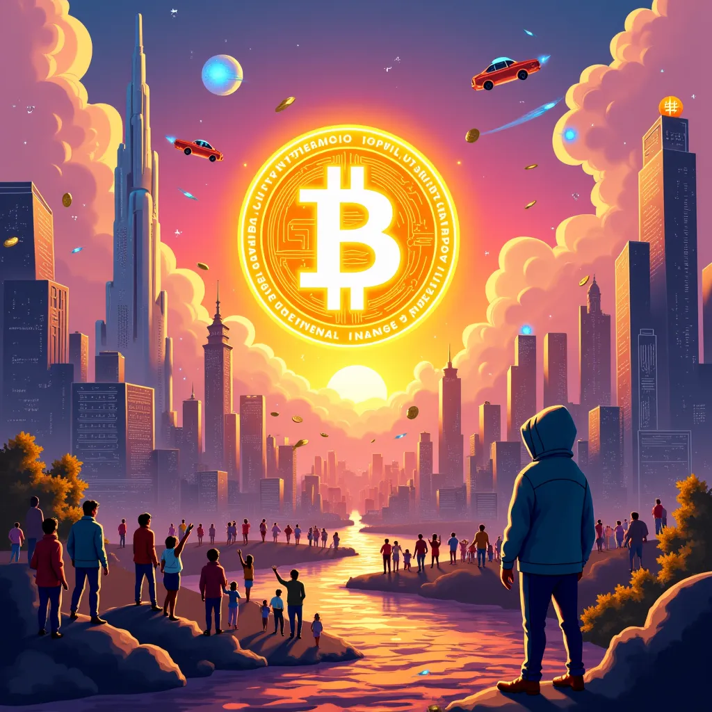 A vibrant and futuristic cityscape at sunset, with a massive, radiant Bitcoin symbol glowing warmly in the sky like a friendly digital sun. The Bitcoin symbol is beautifully embedded with softly glowing circuit board patterns, representing the fusion of te...