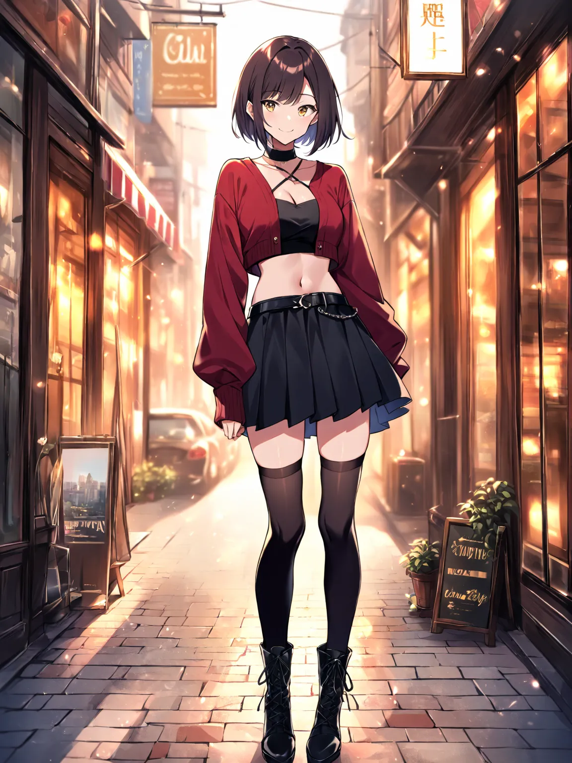 (masterpiece:1.2), (best quality:1.2), 8K, RAW photo, 

1girl, cute, bob, smile, 
cleavage, black cropped cardigan, Navel, black pleated mini skirt, black stockings, black thigh-high boots,

standing in front of a stylish glass-fronted shop on a city stree...