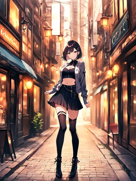 (masterpiece:1.2), (best quality:1.2), 8K, RAW photo, 

1girl, cute, bob, smile, 
cleavage, black cropped cardigan, Navel, black pleated mini skirt, black stockings, black thigh-high boots,

standing in front of a stylish glass-fronted shop on a city stree...