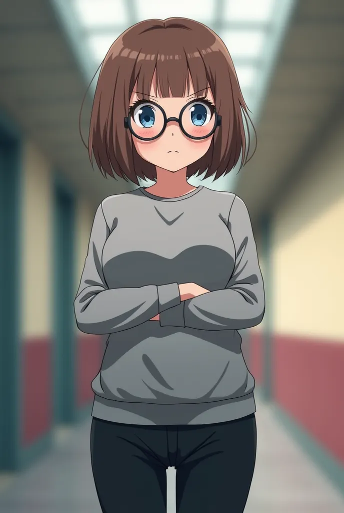 (anime girl nerd) depict an anime girl with brown hair (neat hairstyle)  and blue eyes . height: 160 centimeters, large round glasses. girl looks embarrassed, her chest is very big , wide hips. she has a little plump tummy. dressed in a gray shirt and blac...