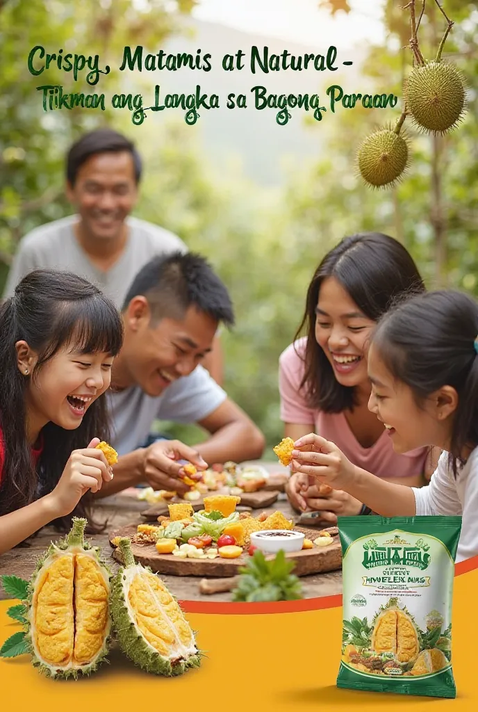 Create a print advertisement with a picture of a family happily sharing a meal while eating Jackfruit Chips. In the background, show a jackfruit plantation in the Philippines and a farmer holding fresh fruit. At the top of the ad, place the tagline: “Crisp...