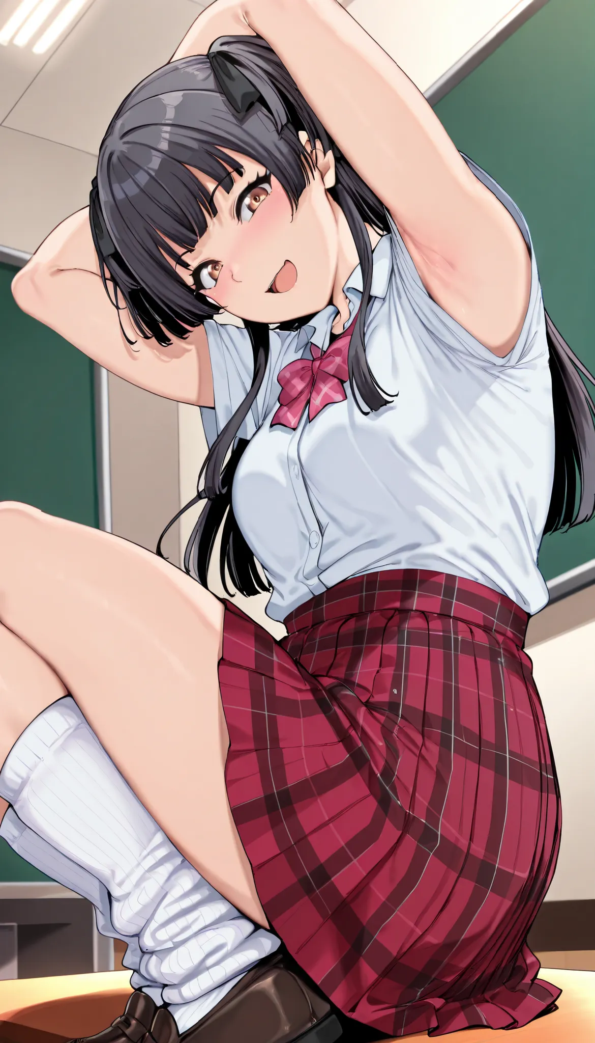 
mayuzumi_fuyuko, (brown eyes),1girl, solo, skirt, black hair, long hair, bangs,  two side up, blunt bangs, black ribbon,,gyaru, shirt, plaid, bow, blush, white shirt, hair ornament, nail polish, plaid skirt, bowtie, pleated skirt, clevage, white sock, loo...