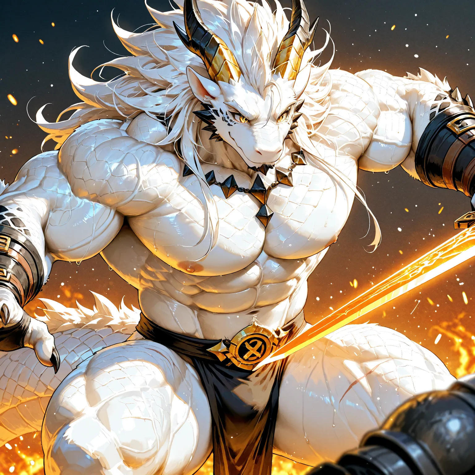 White Dragon Man ,furry(White Dragon Man  ：1.2),,Muscular,(  black eyebrows :0.7),( Exquisite eyes：1),white fur，paw，（ black beard:0.7），（ crotch bulging :0.8），（Knight：0.9），（ mature ：0.8），  muscles have a strong sense of strength，（ facial scars），（Uncle：0.9），...