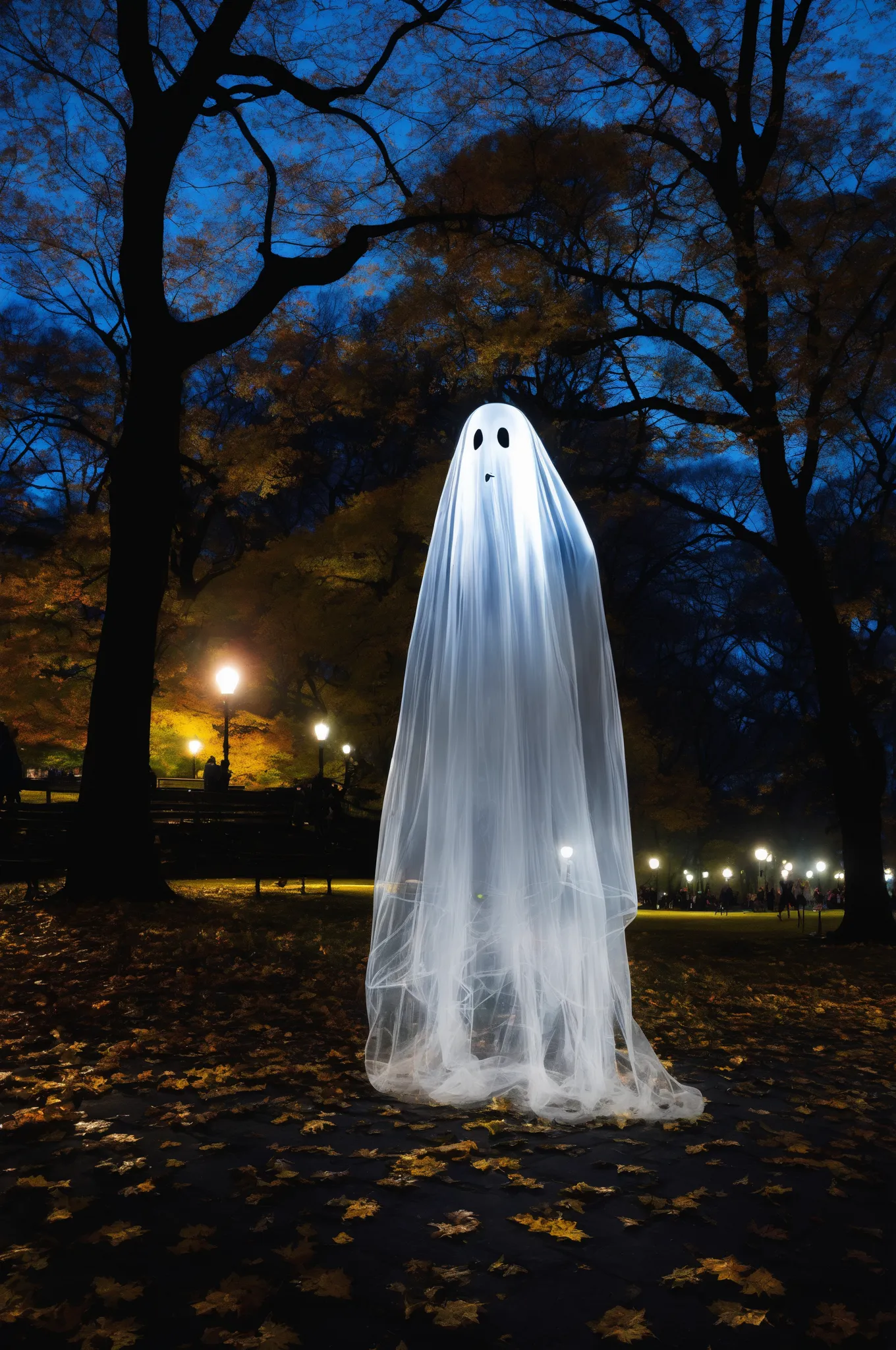 a transparent ghost at night in Central Park, NYC