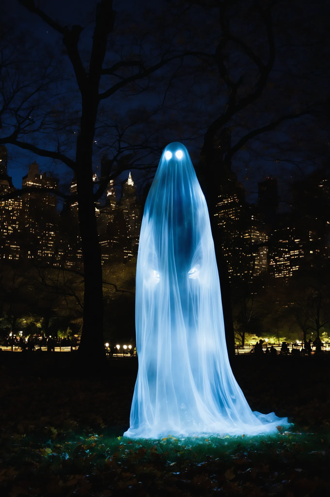 a transparent ghost at night in Central Park, NYC