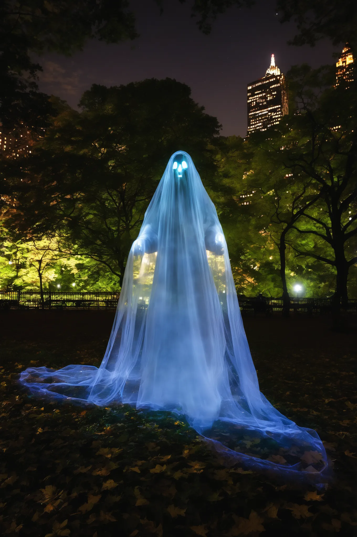 a transparent ghost at night in Central Park, NYC