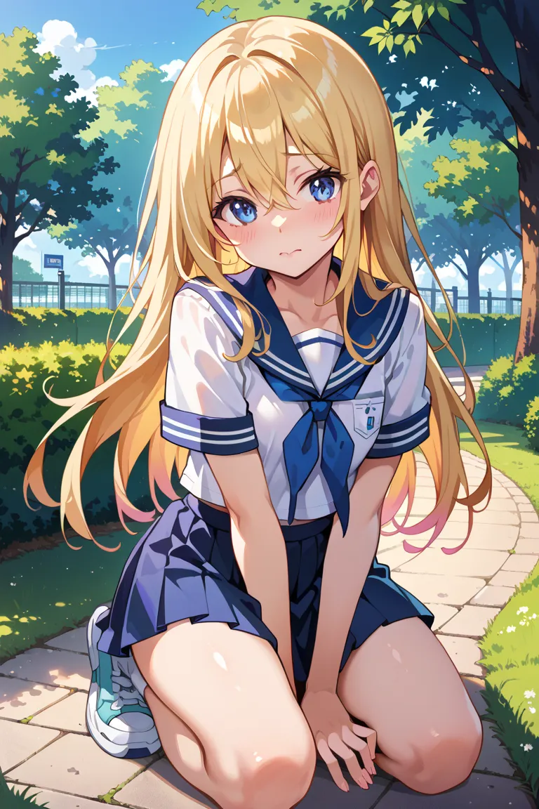 masterpiece, best quality, high quality, detailed, ultra detailed, park, female , nervous, flushed face, kneeling, looking at viewer, long hair, hair between eyes, blonde, blue eyes, fair skin, short, slim, , sailor uniform,flip up the skirt myself,white s...