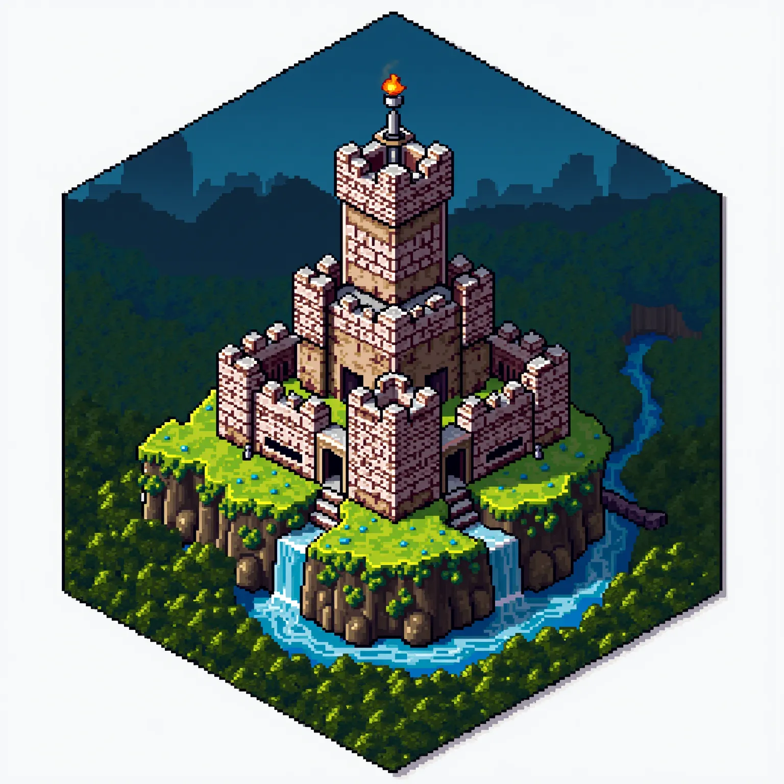 pixelart hexagon tile, fantasy stronghold, detailed fantasy landscape, hexagonal pixelart tiles.