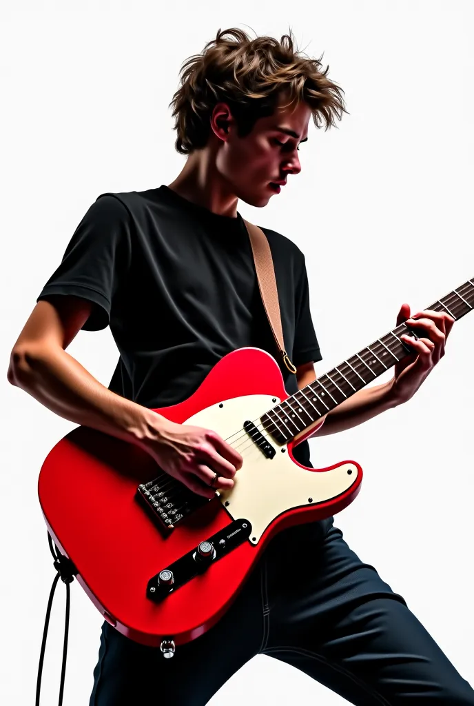 Guitarist with a red Telecaster, white background 
