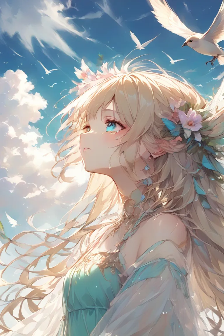  light line drawing、Light color、Sunlight through cloudy clouds 、Burnt Down Mansion 、 Susuti Dress  、  girl standing in the garden 、blond with a big face、 long hair 、tears、Look at the sky、Birds fly,  profile close-up