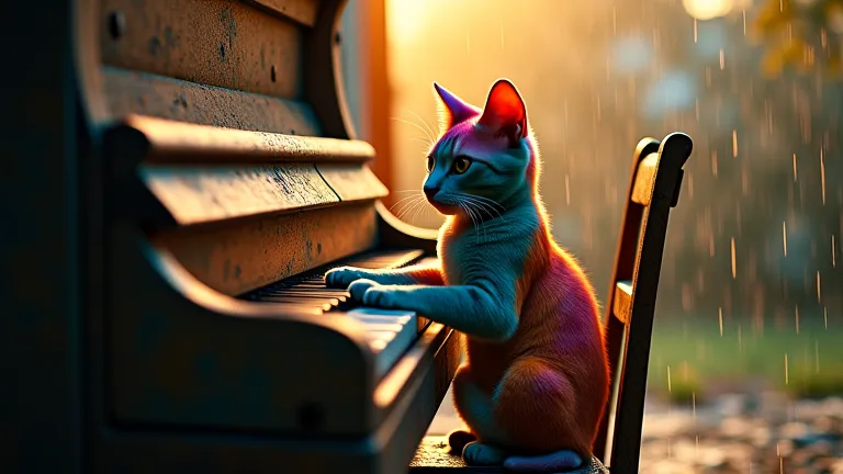 Artistic depiction of a colorful cat playing an old piano, sitting on a wooden chair is old. The scene is illuminated with warm, soft lighting, creating a strange and surreal atmosphere, focusing on the cat and its instrument. location outside the home, wi...