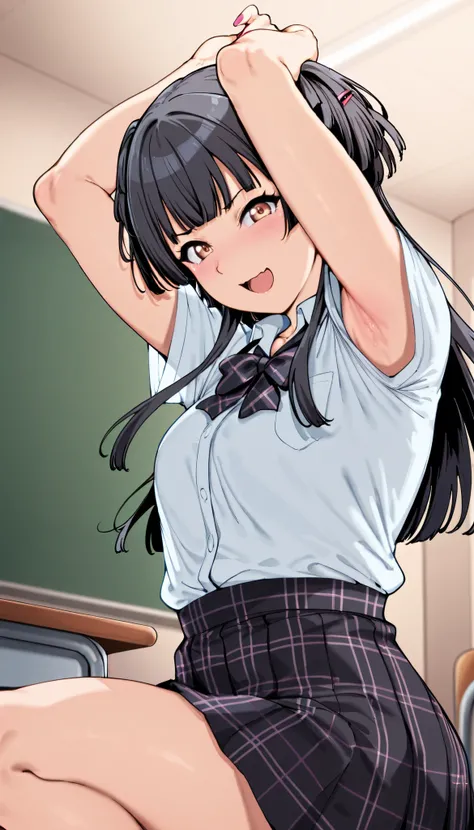 
mayuzumi_fuyuko, (brown eyes),1girl, solo, skirt, black hair, long hair, bangs,  two side up, blunt bangs, black ribbon,,gyaru, shirt, plaid, bow, blush, white shirt, hair ornament, nail polish, plaid skirt, bowtie, pleated skirt, clevage, 

,BREAK, armpi...