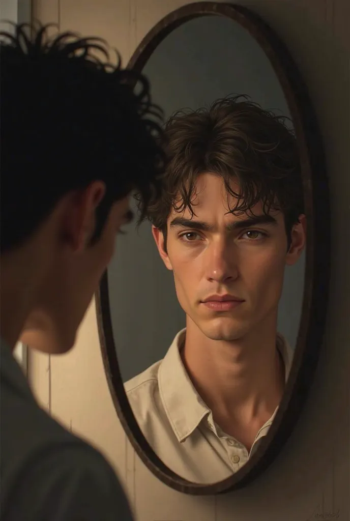 "A young man looking at his reflection in a mirror with a serious and determined look. Luz outfit, highlighting his face and his expression of self-evaluation."